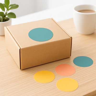 Runde Aufkleber auf Verpackung